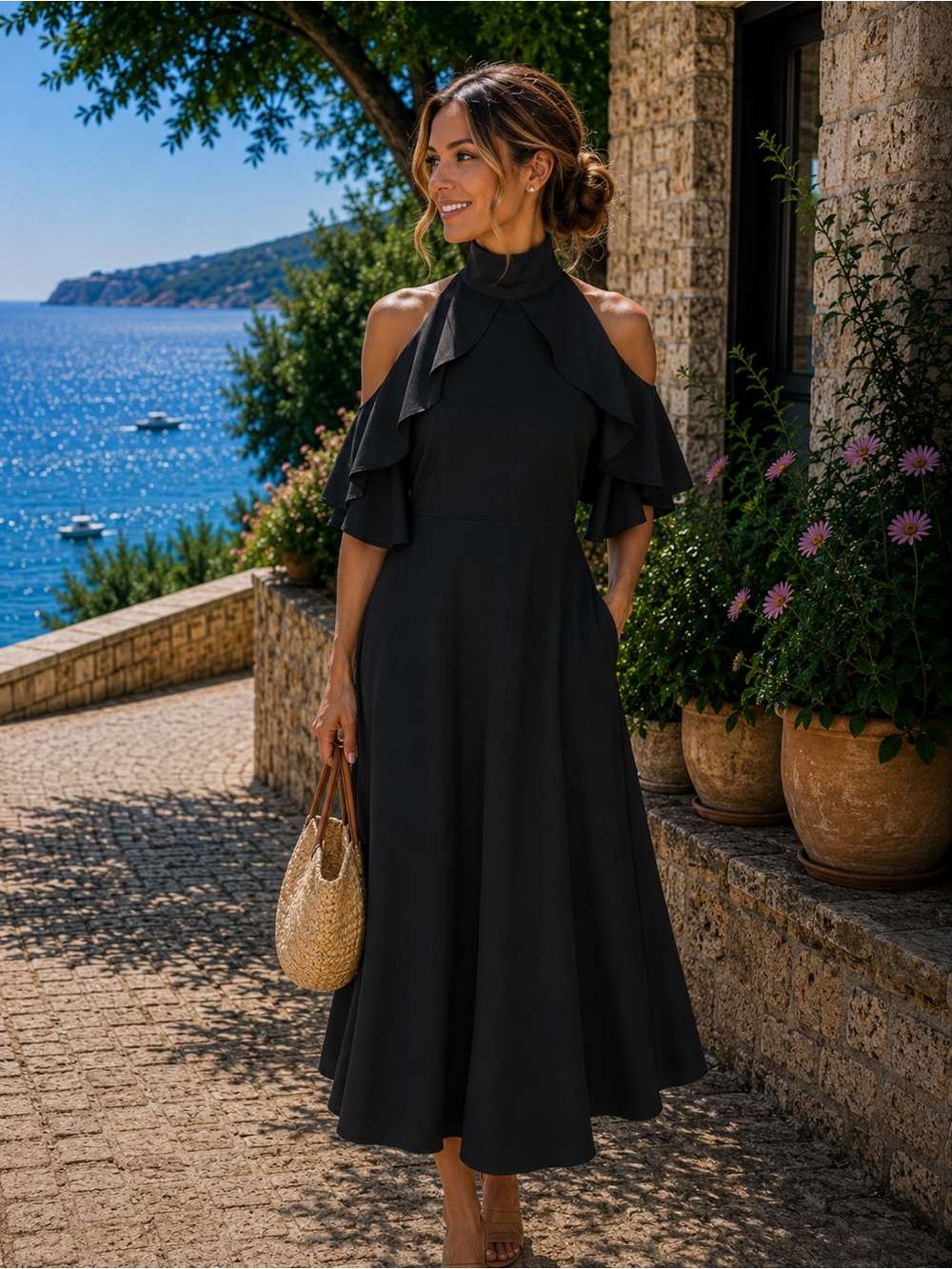 Tracy Reese Black Ruffle Halter Maxi Dress